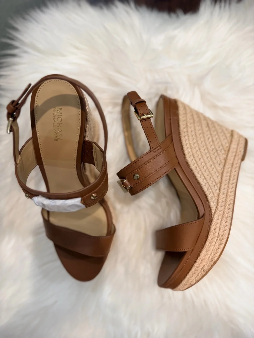Michael Kors Cognac Brown Espadrille Wedge Sandals with Gold Accents